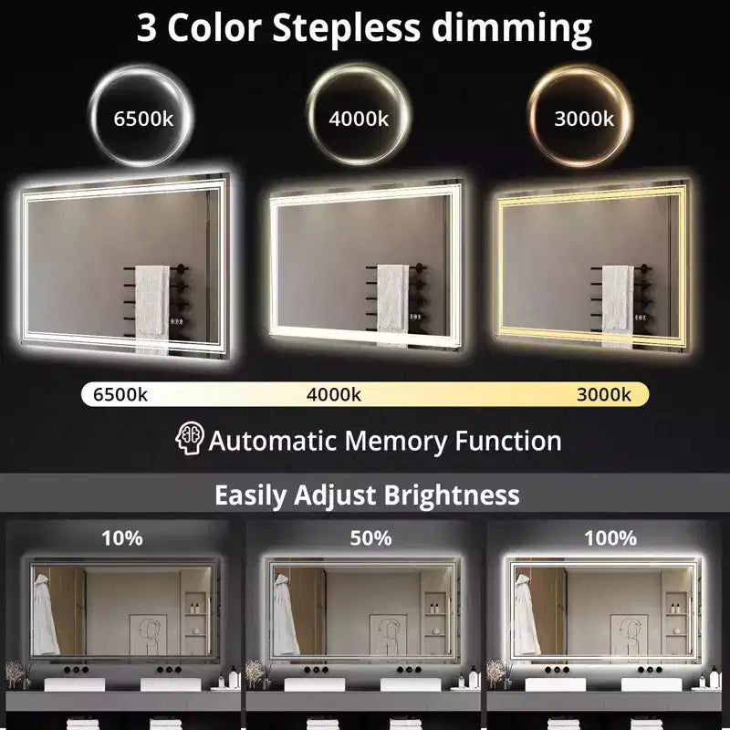 55x30 LED Bathroom Mirror with Lights,Anti-Fog,Dimmable,Backlit + Front Lit,Memory,Double LED Vanity,3 Colors,Stepless Dimming