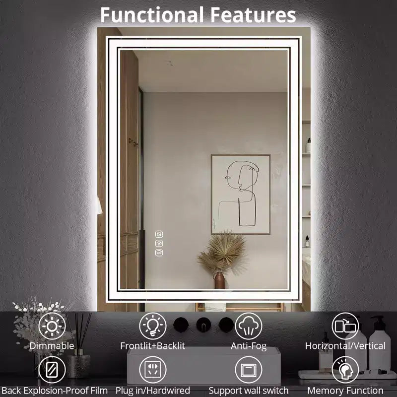 55x30 LED Bathroom Mirror with Lights,Anti-Fog,Dimmable,Backlit + Front Lit,Memory,Double LED Vanity,3 Colors,Stepless Dimming