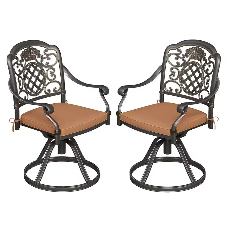 Ensemble de 2 chaises de salle à manger de patio pivotantes, chaises d'extérieur en métal aluminium avec coussins amovibles, sièges de patio pour jardin, cour, terrasse, balcon (marron)