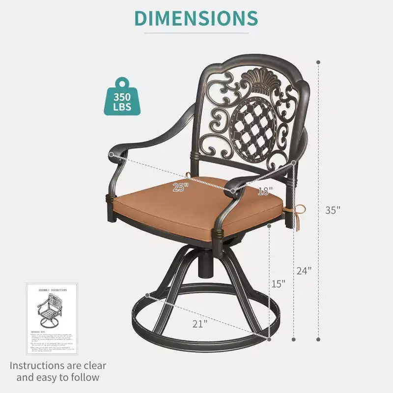 Ensemble de 2 chaises de salle à manger de patio pivotantes, chaises d'extérieur en métal aluminium avec coussins amovibles, sièges de patio pour jardin, cour, terrasse, balcon (marron)