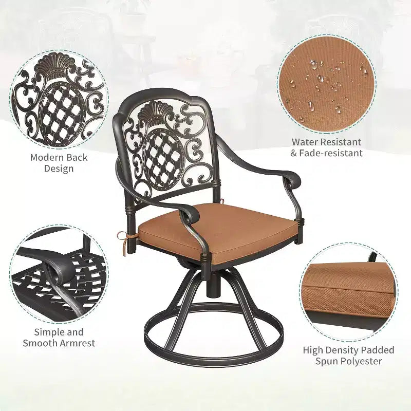 Ensemble de 2 chaises de salle à manger de patio pivotantes, chaises d'extérieur en métal aluminium avec coussins amovibles, sièges de patio pour jardin, cour, terrasse, balcon (marron)