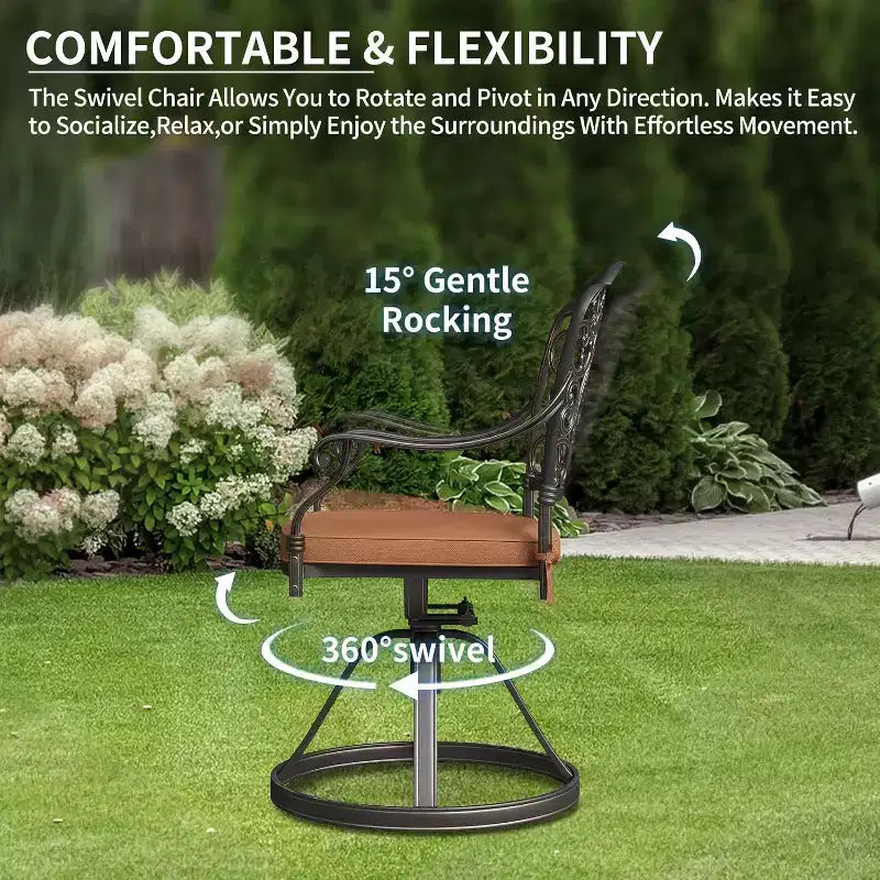 Ensemble de 2 chaises de salle à manger de patio pivotantes, chaises d'extérieur en métal aluminium avec coussins amovibles, sièges de patio pour jardin, cour, terrasse, balcon (marron)