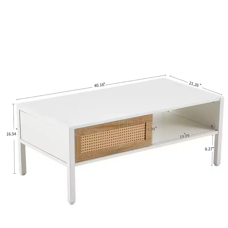 White 40.16 Rattan Coffee Table with Sliding Door Storage and Metal Legs for Modern Living Room