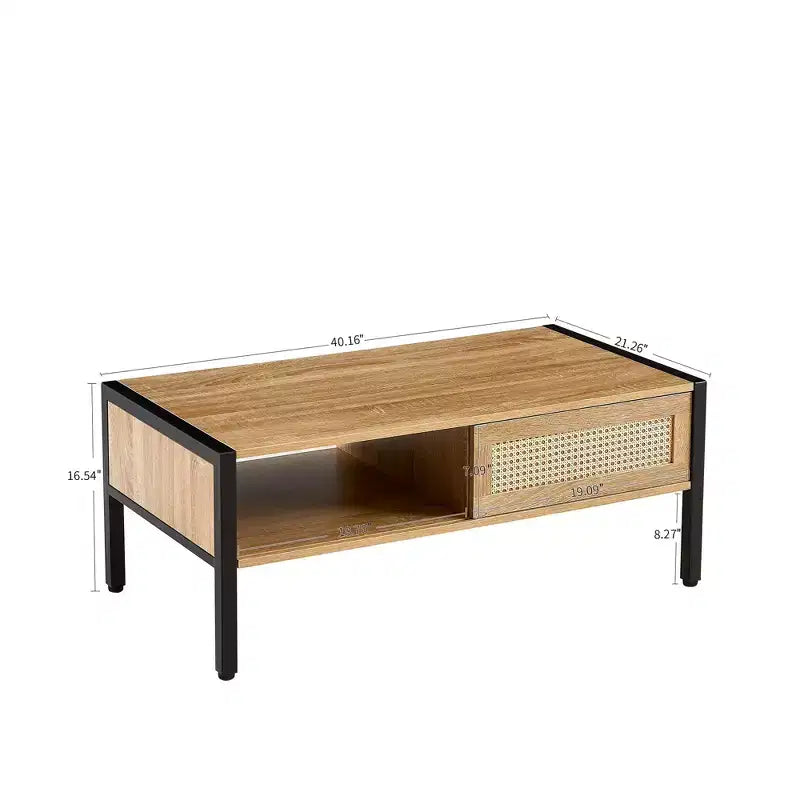 White 40.16 Rattan Coffee Table with Sliding Door Storage and Metal Legs for Modern Living Room