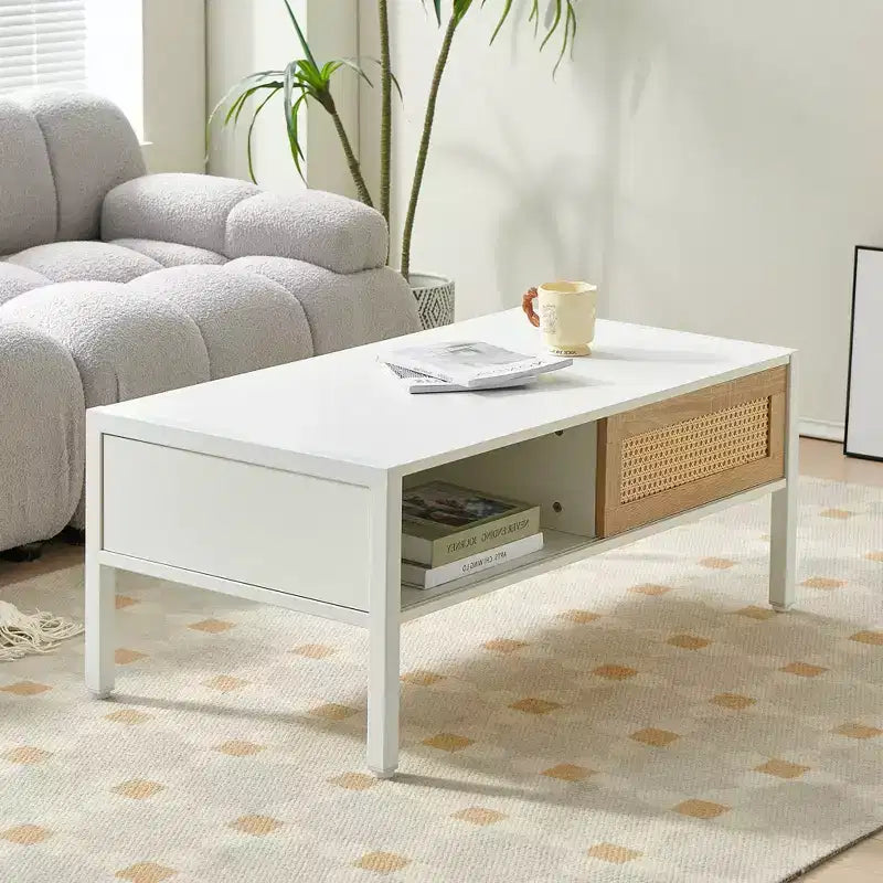 White 40.16 Rattan Coffee Table with Sliding Door Storage and Metal Legs for Modern Living Room