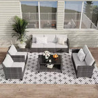 Ensemble de mobilier de jardin en osier pour terrasse, table à plateau en verre avec rangement dissimulé, comprend 7 éléments d'assise, rotin naturel avec coussins
