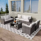 Ensemble de mobilier de jardin en osier pour terrasse, table à plateau en verre avec rangement dissimulé, comprend 7 éléments d'assise, rotin naturel avec coussins