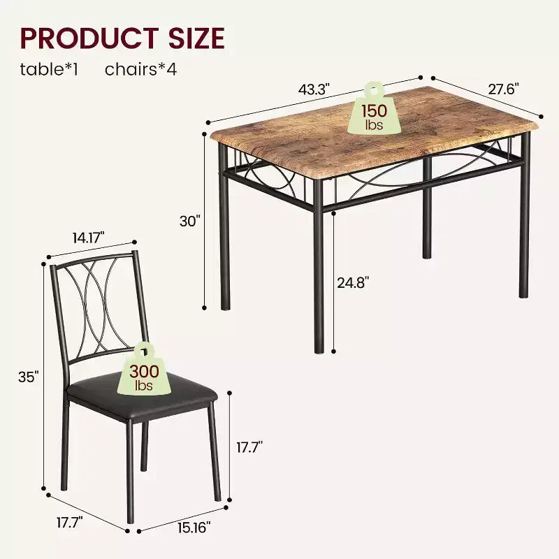 Dining Table Set for 4, Dining Room Table Set with 4 Upholstered Chairs, Rectangular Dining Table for Small Space, Apartment, Breakfast
