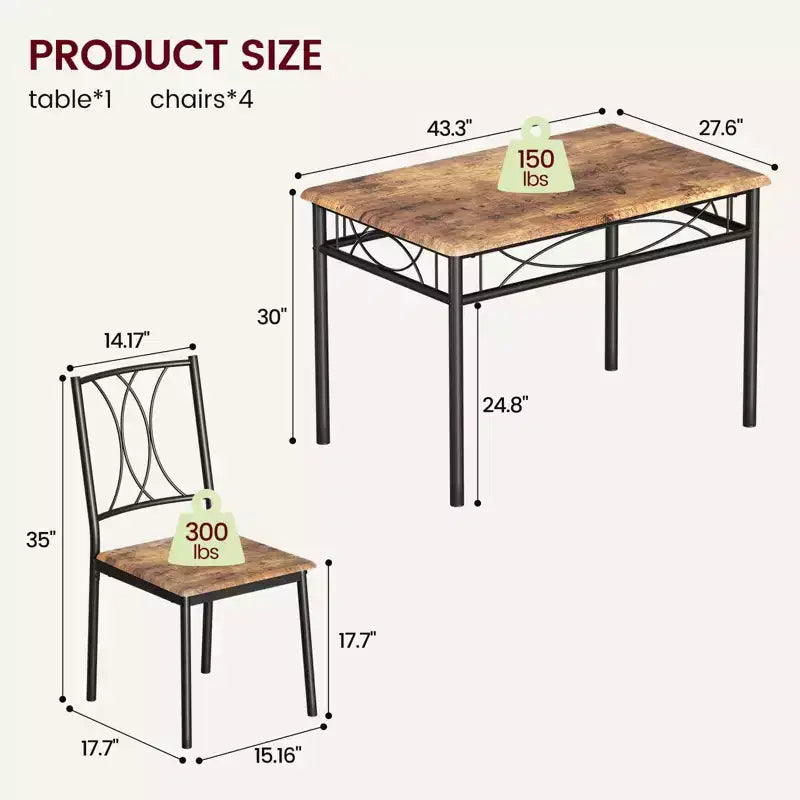 Dining Table Set for 4, Dining Room Table Set with 4 Upholstered Chairs, Rectangular Dining Table for Small Space, Apartment, Breakfast