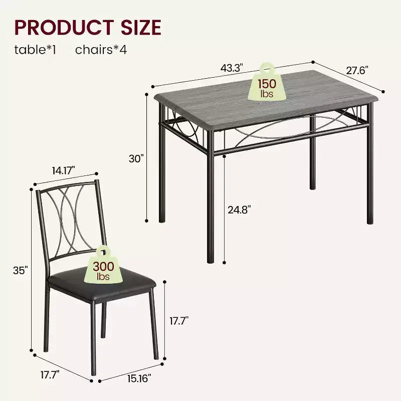 Dining Table Set for 4, Dining Room Table Set with 4 Upholstered Chairs, Rectangular Dining Table for Small Space, Apartment, Breakfast