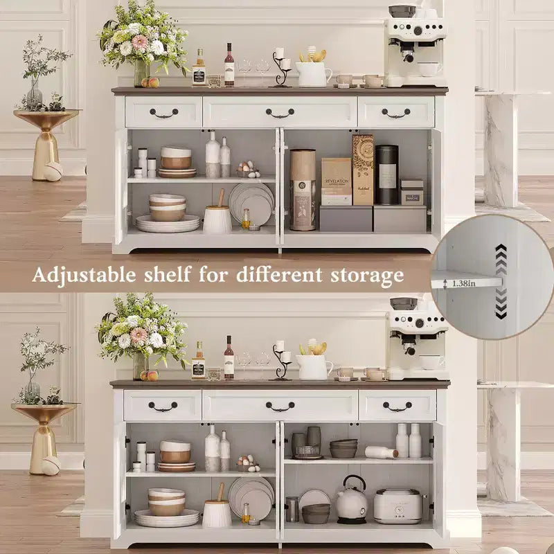 Dyonery 65 Inch Large Buffet Storage Cabinet with 3 Drawers and 4 Doors Coffee Bar Bar Cabinet, White/Gray.