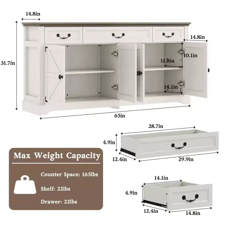 Dyonery 65 Inch Large Buffet Storage Cabinet with 3 Drawers and 4 Doors Coffee Bar Bar Cabinet, White/Gray.