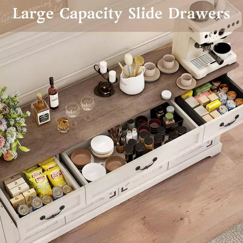 Dyonery 65 Inch Large Buffet Storage Cabinet with 3 Drawers and 4 Doors Coffee Bar Bar Cabinet, White/Gray.