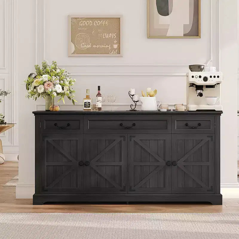 Dyonery 65 Inch Large Buffet Storage Cabinet with 3 Drawers and 4 Doors Coffee Bar Bar Cabinet, White/Gray.