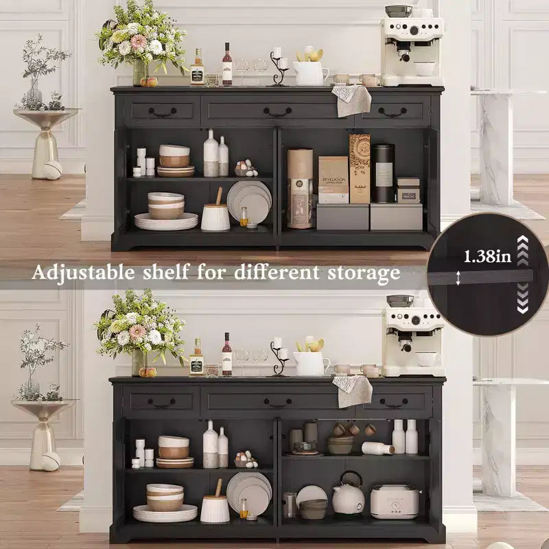 Dyonery 65 Inch Large Buffet Storage Cabinet with 3 Drawers and 4 Doors Coffee Bar Bar Cabinet, White/Gray.