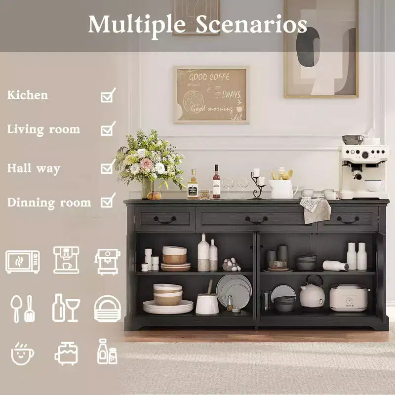 Dyonery 65 Inch Large Buffet Storage Cabinet with 3 Drawers and 4 Doors Coffee Bar Bar Cabinet, White/Gray.