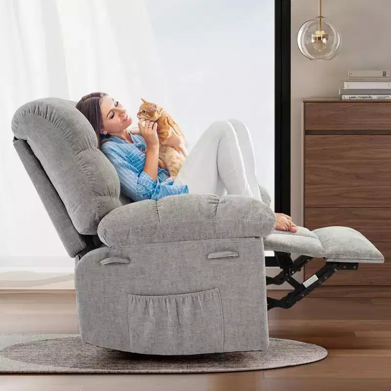 Fauteuil inclinable à bascule, fauteuil à bascule pivotant à 360° pour le salon, fauteuil de crèche rembourré en tissu avec poches latérales pour les petits espaces