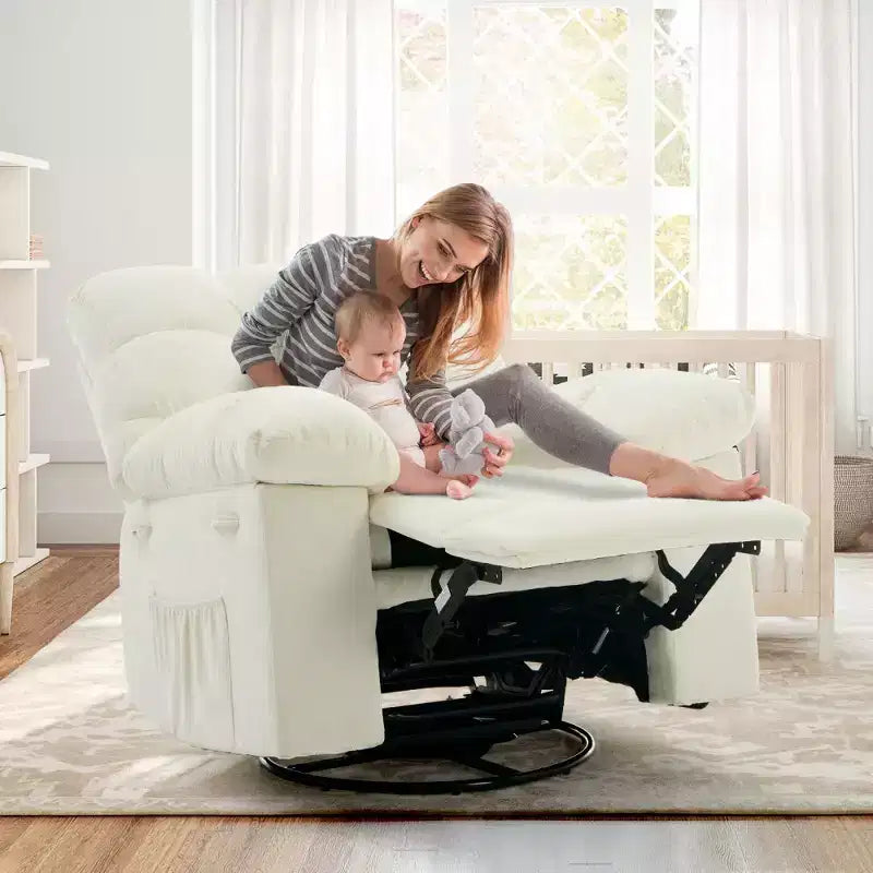 Fauteuil inclinable à bascule, fauteuil à bascule pivotant à 360° pour le salon, fauteuil de crèche rembourré en tissu avec poches latérales pour les petits espaces