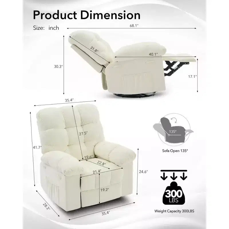 Fauteuil inclinable à bascule, fauteuil à bascule pivotant à 360° pour le salon, fauteuil de crèche rembourré en tissu avec poches latérales pour les petits espaces