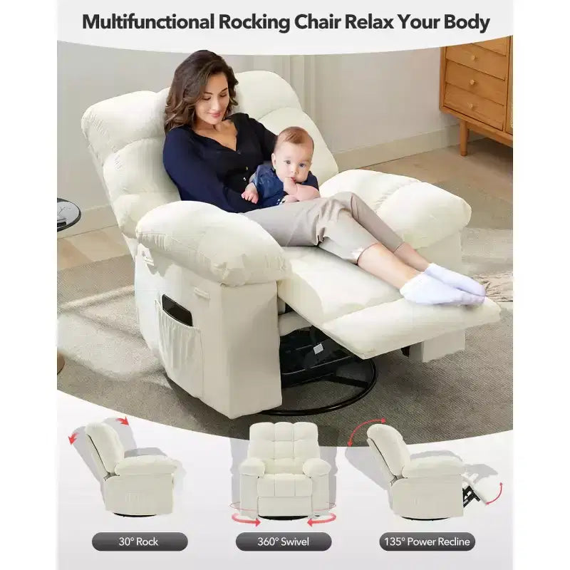Fauteuil inclinable à bascule, fauteuil à bascule pivotant à 360° pour le salon, fauteuil de crèche rembourré en tissu avec poches latérales pour les petits espaces