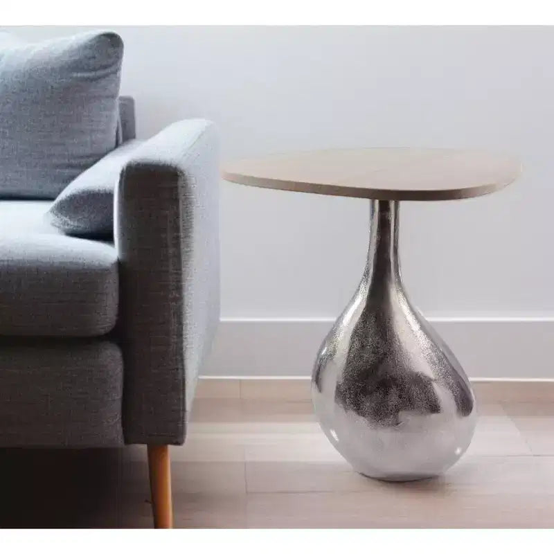 Table d'appoint piédestal HomeRoots 22 en fonte d'aluminium et marbre argenté et beige