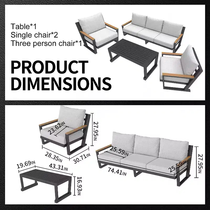 GDFStudio Salon de jardin 5 places en aluminium et tissu oléfine avec coussins lavables
