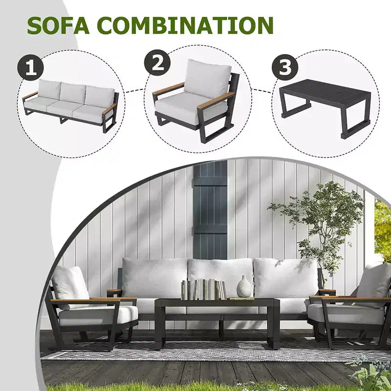 GDFStudio Salon de jardin 5 places en aluminium et tissu oléfine avec coussins lavables