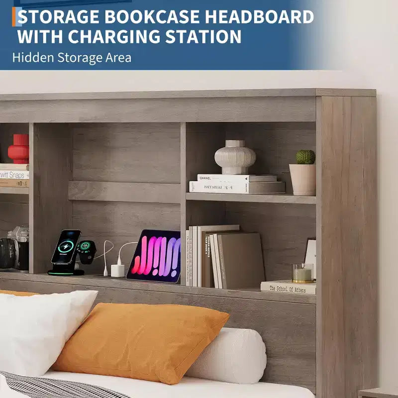 Cadre de Lit Queen Size avec Tête de Lit Bibliothèque de Rangement – Cadre en Bois et Métal avec 4 Tiroirs de Rangement, Station de Charge, Pas Besoin de Sommier Tapissier, Silencieux