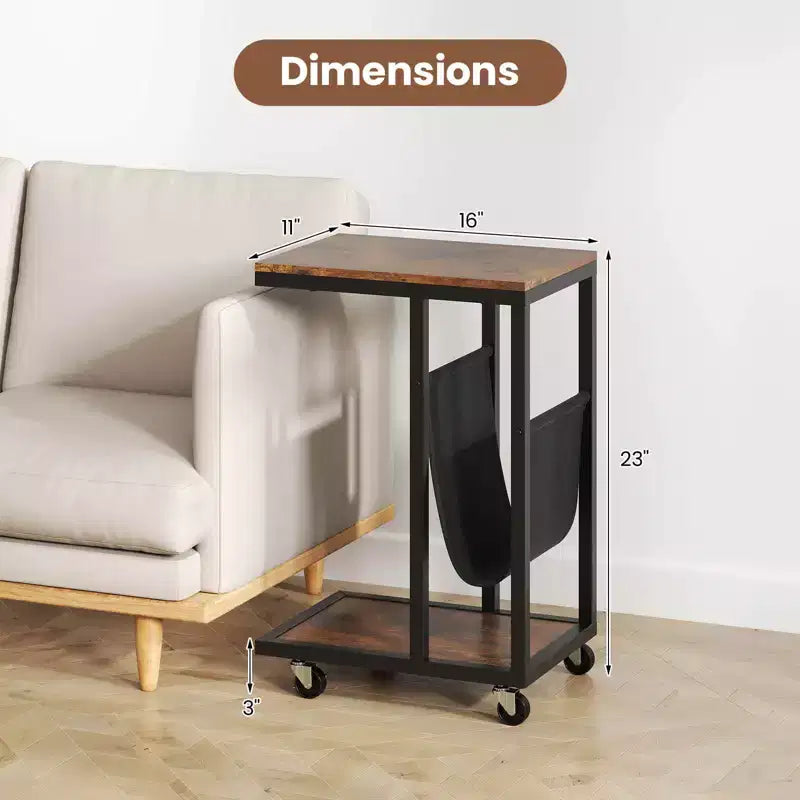 Costway 1/2 PCS Table d'appoint en C à 2 niveaux pour canapé avec pochette de rangement en toile Marron