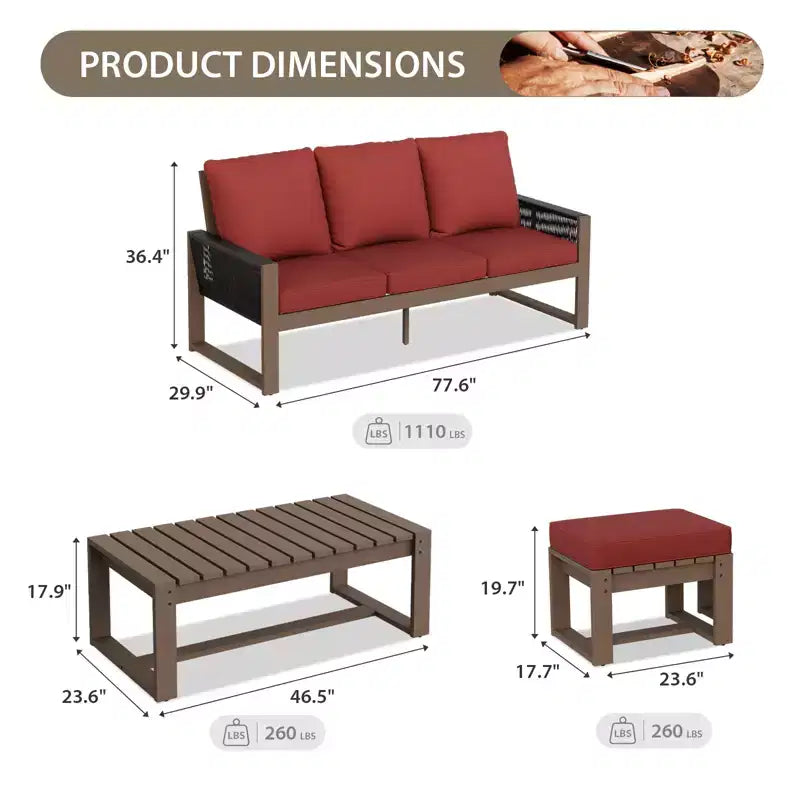 EAGLE PEAK Ensemble de conversation 4 pièces en cèdre naturel, mobilier de patio extérieur avec 2 poufs et table basse