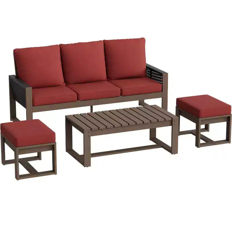EAGLE PEAK Ensemble de conversation 4 pièces en cèdre naturel, mobilier de patio extérieur avec 2 poufs et table basse