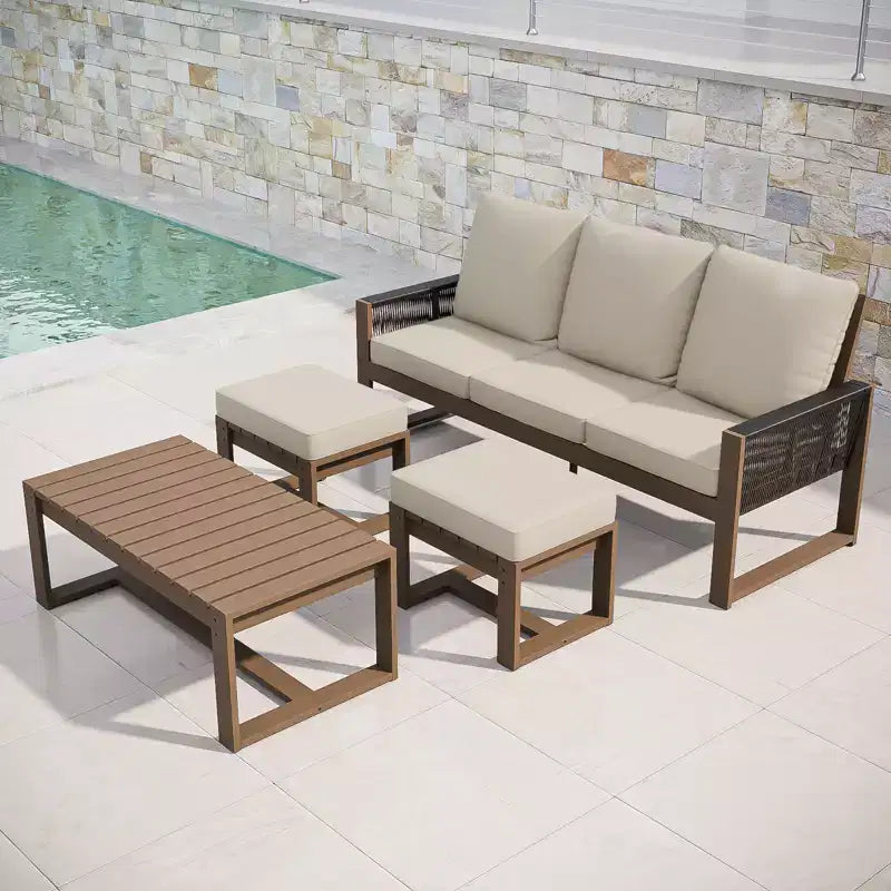 EAGLE PEAK Ensemble de conversation 4 pièces en cèdre naturel, mobilier de patio extérieur avec 2 poufs et table basse