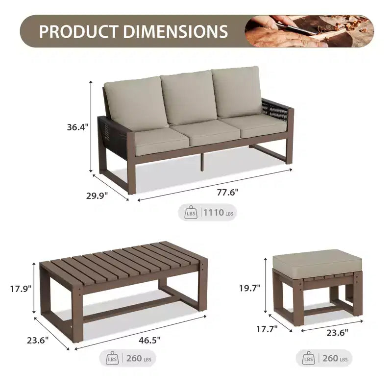 EAGLE PEAK Ensemble de conversation 4 pièces en cèdre naturel, mobilier de patio extérieur avec 2 poufs et table basse