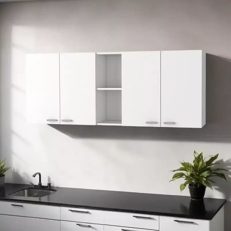 HomeRoots 59 White Wood Wall Mounted Accent Cabinet With Four Doors