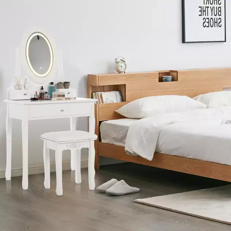 Vanity Desk with Lights, Wood Makeup Dressing Table with Oval Mirror & Stool,Modern Bedroom Dressing Table with 5 Large Drawers for Girls