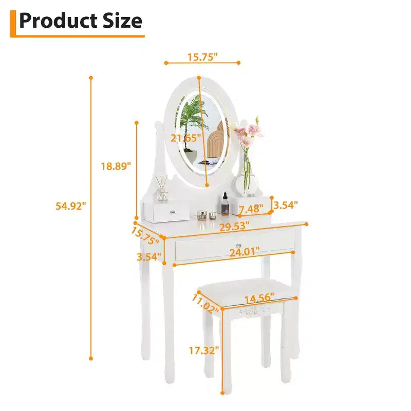 Vanity Desk with Lights, Wood Makeup Dressing Table with Oval Mirror & Stool,Modern Bedroom Dressing Table with 5 Large Drawers for Girls