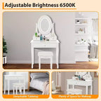 Vanity Desk with Lights, Wood Makeup Dressing Table with Oval Mirror & Stool,Modern Bedroom Dressing Table with 5 Large Drawers for Girls