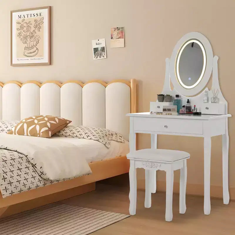 Vanity Desk with Lights, Wood Makeup Dressing Table with Oval Mirror & Stool,Modern Bedroom Dressing Table with 5 Large Drawers for Girls