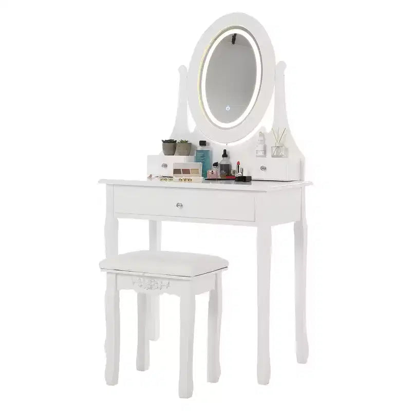 Vanity Desk with Lights, Wood Makeup Dressing Table with Oval Mirror & Stool,Modern Bedroom Dressing Table with 5 Large Drawers for Girls