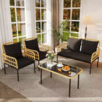 Ensemble de mobilier de jardin 4 pièces avec table, chaise longue et 2 fauteuils rembourrés, ensemble de balcon en rotin pour porche, pelouse, piscine et terrasse