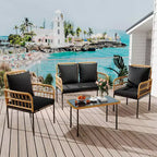 4-Piece Outdoor Patio Furniture Set with Table, Chaise Lounge & 2 Cushioned Armchairs, Rattan Balcony Set for Porch, Lawn, Poolside & Deck