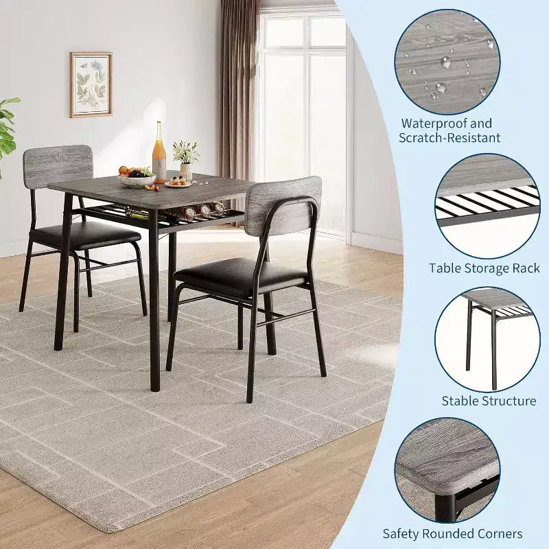 Ensemble de salle à manger 3 pièces pour 2 personnes avec table carrée, étagère de rangement, cadre métallique et chaises rembourrées, parfait pour les petits espaces, les appartements et les cuisines.