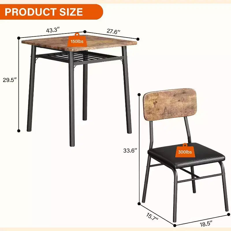 Ensemble de salle à manger 3 pièces pour 2 personnes avec table carrée, étagère de rangement, cadre métallique et chaises rembourrées, parfait pour les petits espaces, les appartements et les cuisines.