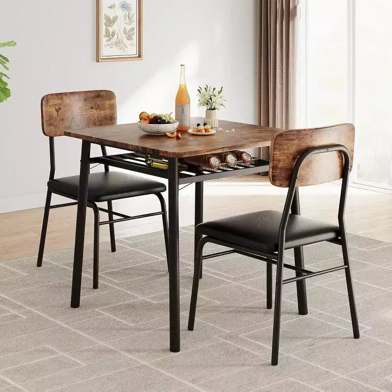 Ensemble de salle à manger 3 pièces pour 2 personnes avec table carrée, étagère de rangement, cadre métallique et chaises rembourrées, parfait pour les petits espaces, les appartements et les cuisines.