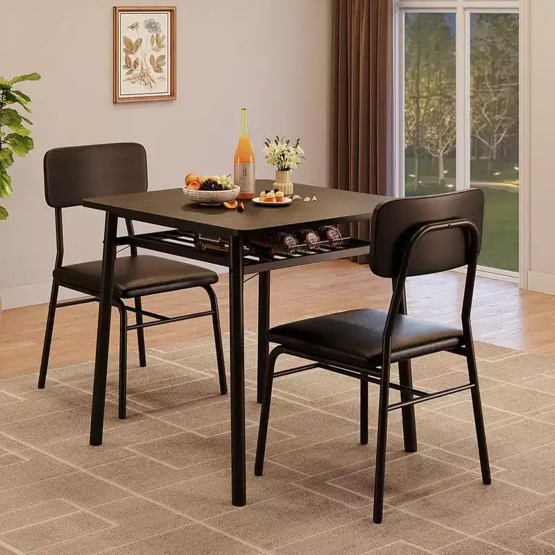 Ensemble de salle à manger 3 pièces pour 2 personnes avec table carrée, étagère de rangement, cadre métallique et chaises rembourrées, parfait pour les petits espaces, les appartements et les cuisines.