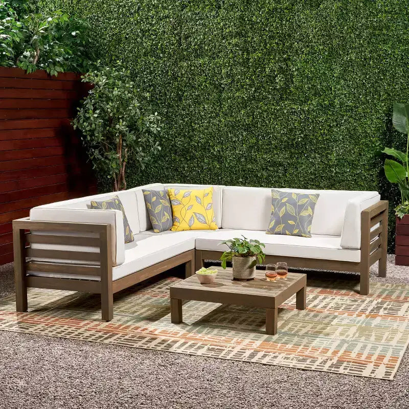 Christopher Knight Home Cynthia Patio Acacia Wood L Shape Upholstered 5-Seater Sectional Sofa Set with Coffee Table