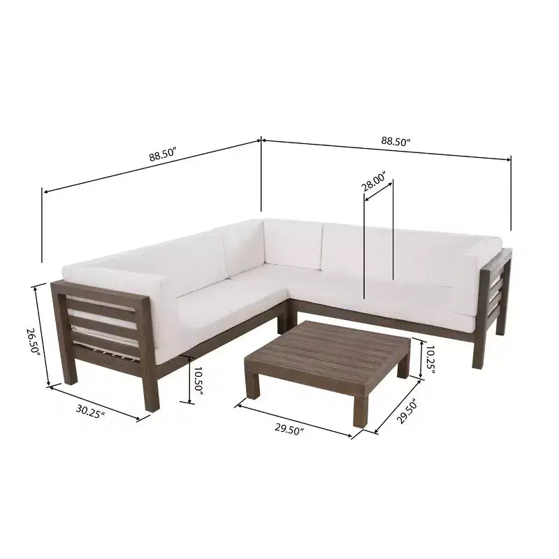 Christopher Knight Home Cynthia Patio Acacia Wood L Shape Upholstered 5-Seater Sectional Sofa Set with Coffee Table