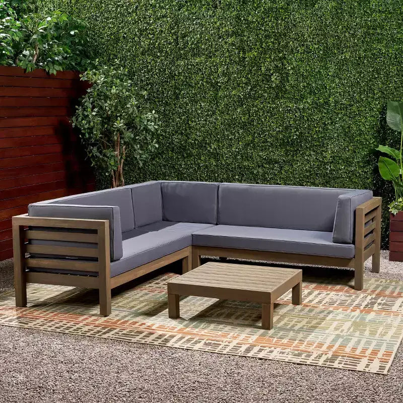 Christopher Knight Home Cynthia Patio Acacia Wood L Shape Upholstered 5-Seater Sectional Sofa Set with Coffee Table