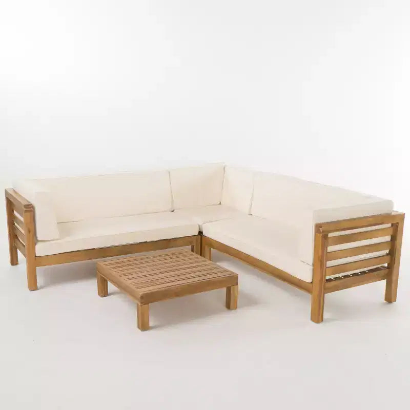 Christopher Knight Home Cynthia Patio Acacia Wood L Shape Upholstered 5-Seater Sectional Sofa Set with Coffee Table