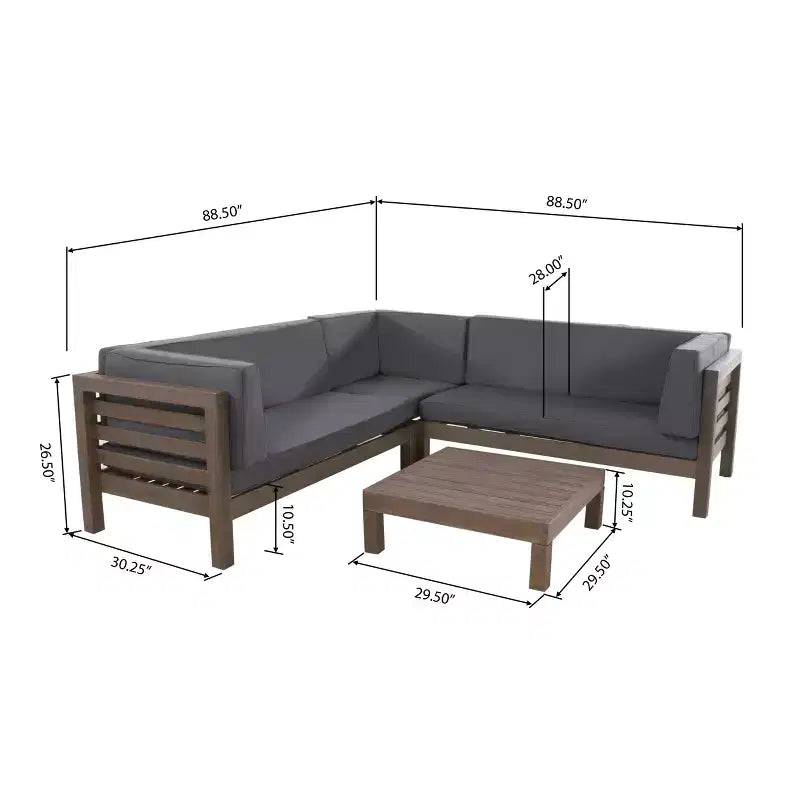 Christopher Knight Home Cynthia Patio Acacia Wood L Shape Upholstered 5-Seater Sectional Sofa Set with Coffee Table